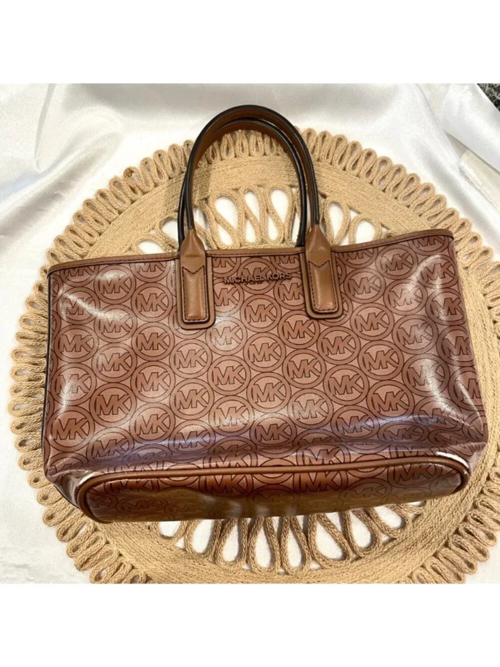 Michael Kors Jodie Small Logo Jacquard Tote Bag in Luggage Tan